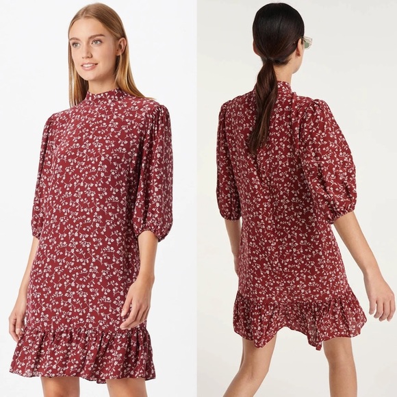 NWT THE KOOPLES Silk Floral Puff Short Sleeve Mockneck Ruffle Hem Mini Dress S - Picture 3 of 9